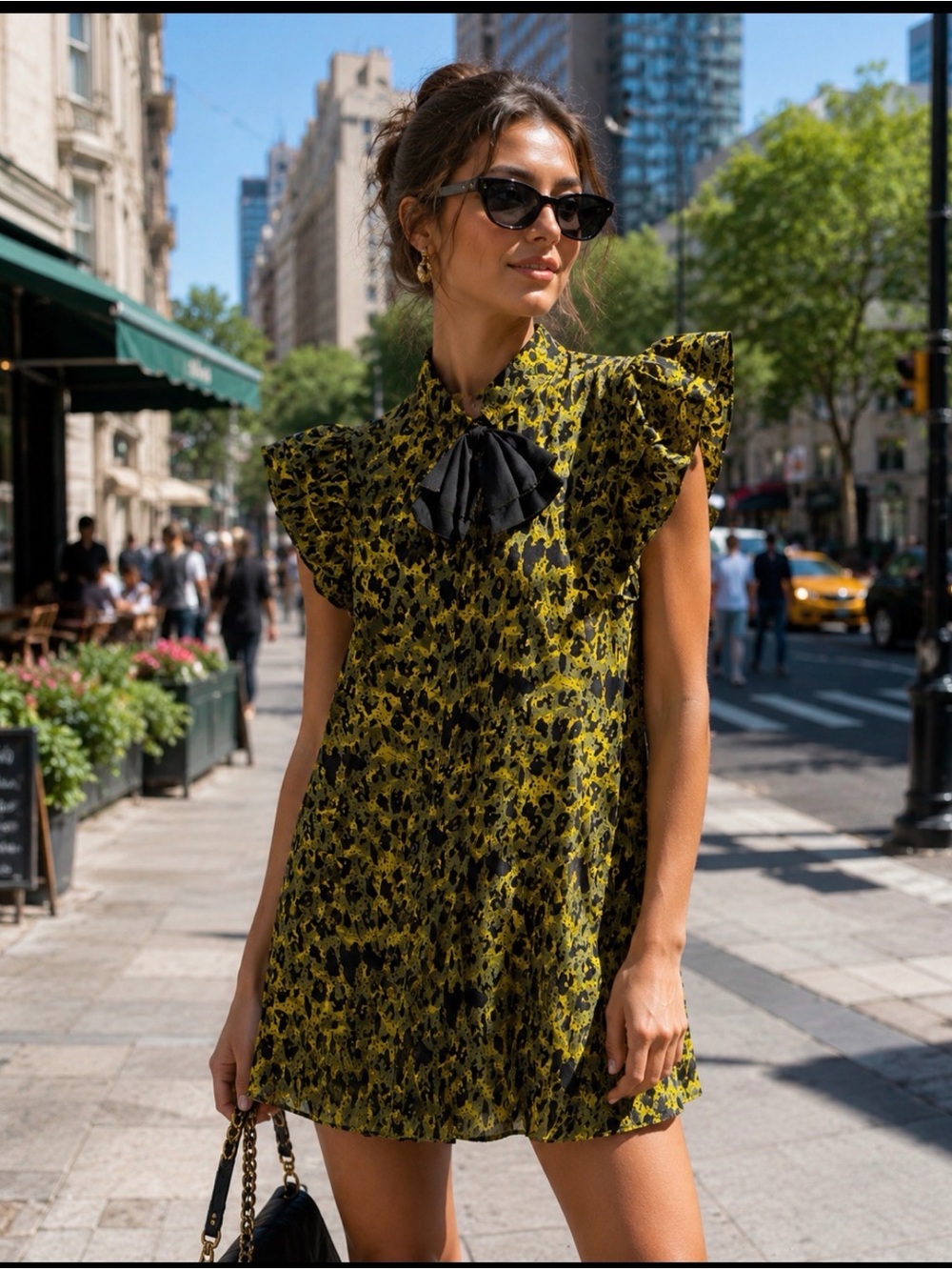 Twelve by Twelve Yellow-Green Printed Ruffle Mini Dress with Black Bow